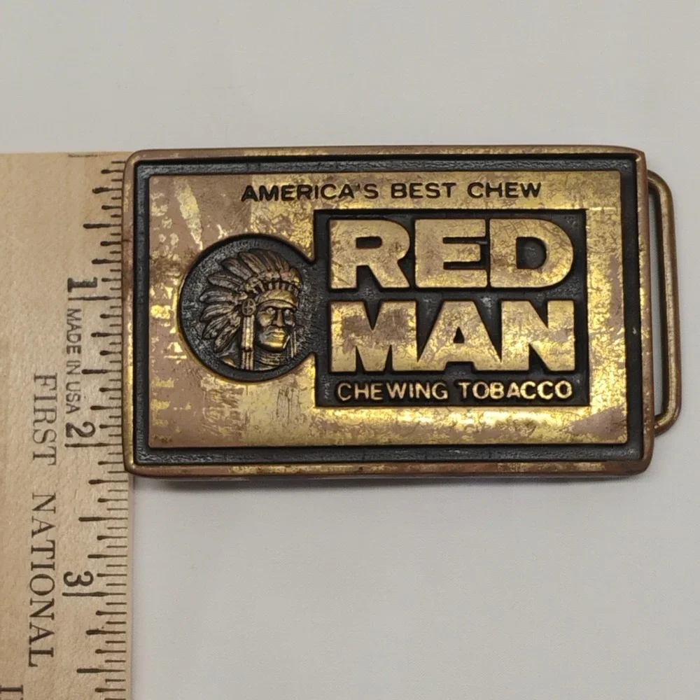 Vintage 80s BTS RED MAN CHEWING TOBACCO Solid Brass USA Advertising Belt Buckle